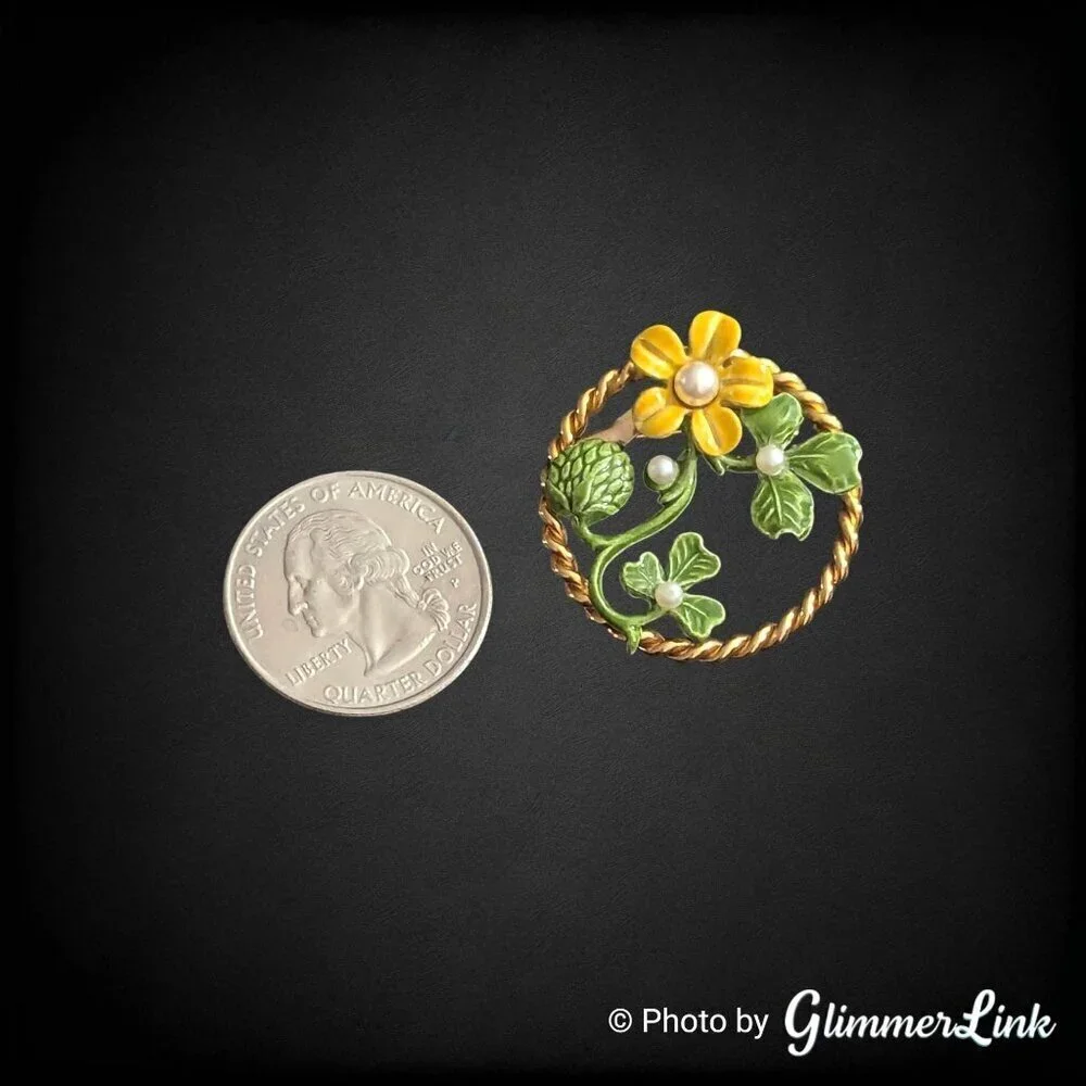 Vintage Enamel Clover Brooch Yellow Flower Green Leaves Faux Pearl Circle Pin